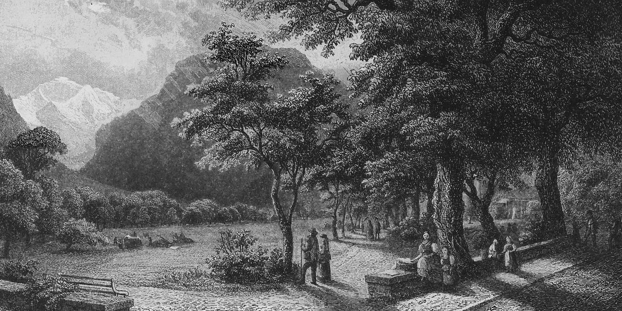 Copperplate engraving from a volume with views of the Bernese Oberland 19th century. In the foreground small a hiker and other person next to tree, in the background the Jungfrau (mountain)