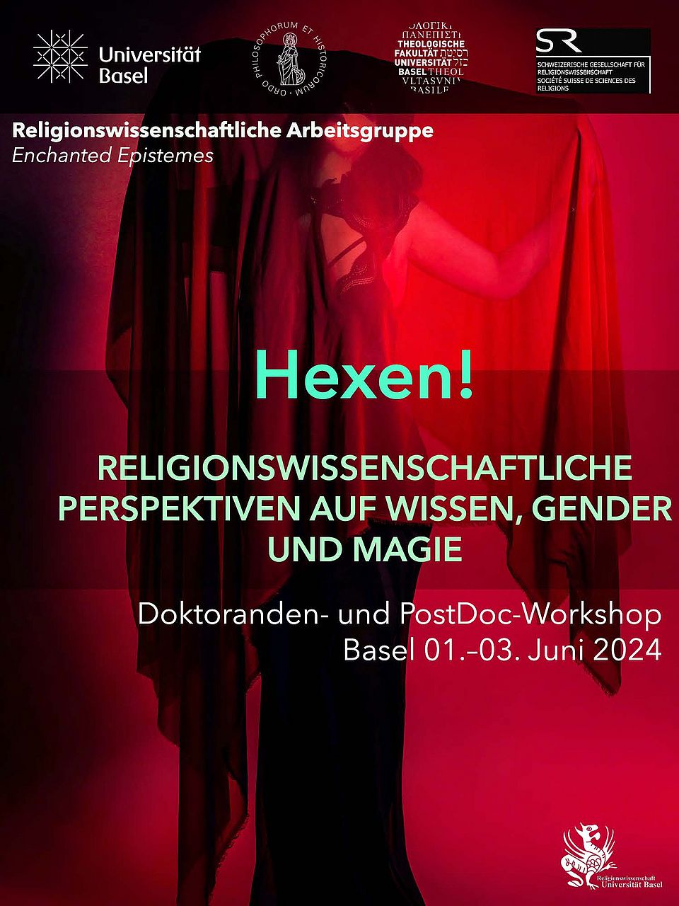 Flaer für Veranstaltung Workshop "Hexen" im Hintergrund eine weibliche Silhouette in schwarz, Flyer ist in rot gehalten