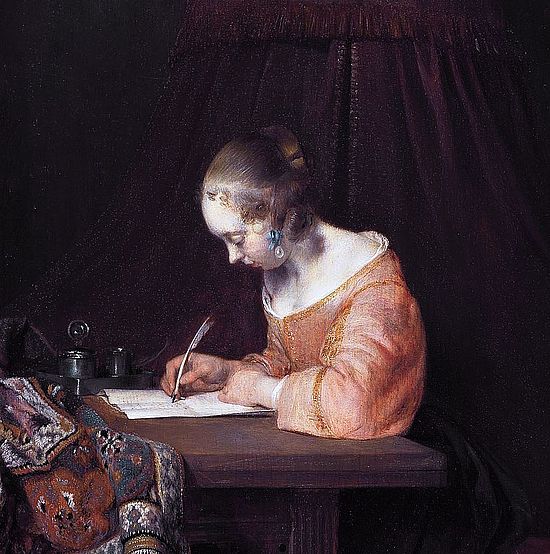 Ausschnitt aus Gemälde von Gerard ter Borch von 1655, zeigt eine junge Dame beim Schreiben eines Briefes