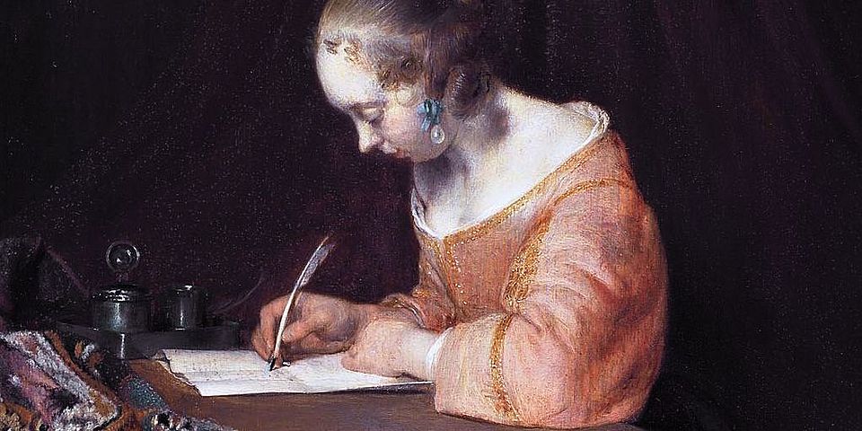 Ausschnitt aus Malerei: eine junge Frau schreibt einen Brief