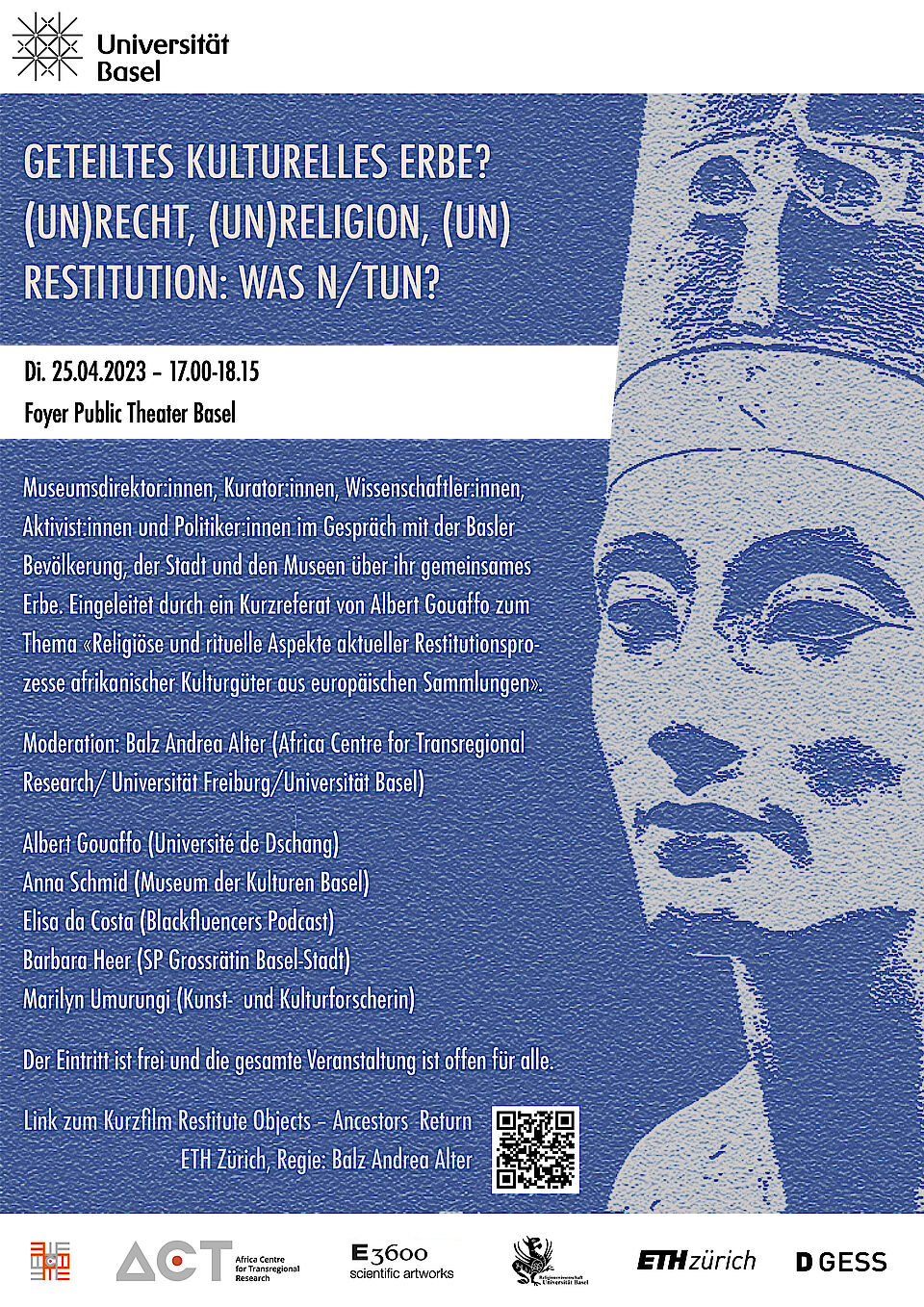 Flyer mit Angaben zur Veranstaltung. Hintergrund ist monochrom in blau die Büste der Nofretete, Ehefrau des Pharaos Echnaton. Die berühmte Büste ist seit 1913 in Deutschland.