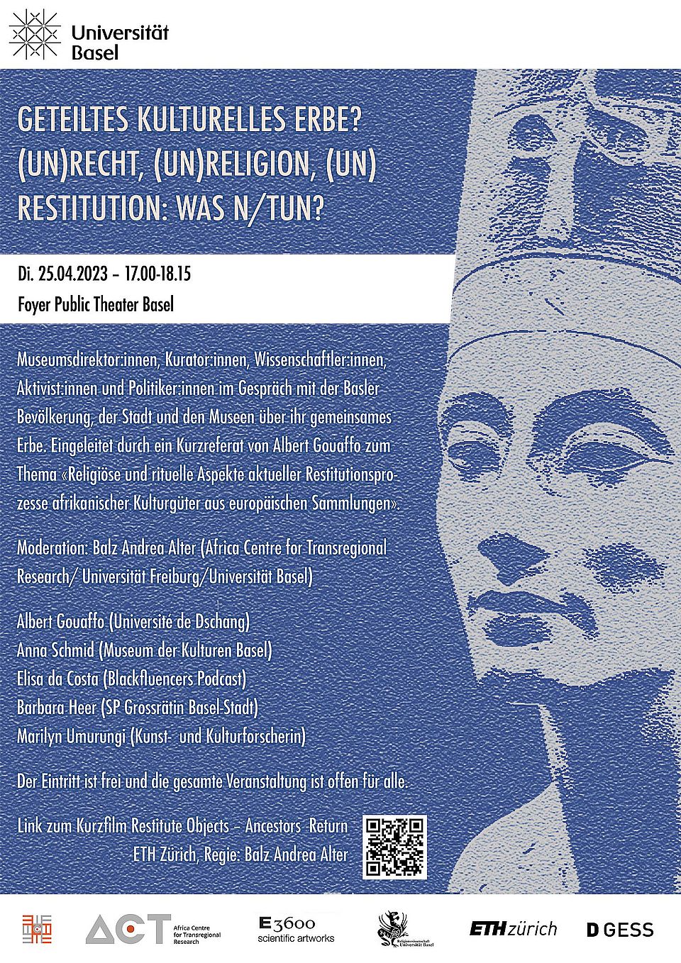 Flyer mit Angaben zur Veranstaltung. Hintergrund ist monochrom in blau die Büste der Nofretete, Ehefrau des Pharaos Echnaton. Die berühmte Büste ist seit 1913 in Deutschland.