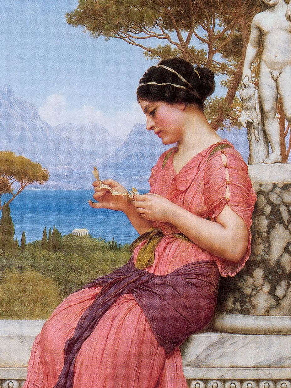 Ausschnitt aus Gemälde von Godward 1913. Eine junge Dame blickt auf ein kleines Briefchen, Landschaft im Hintergrund, die ganze Szene ist nach Antike ästhetisiert.