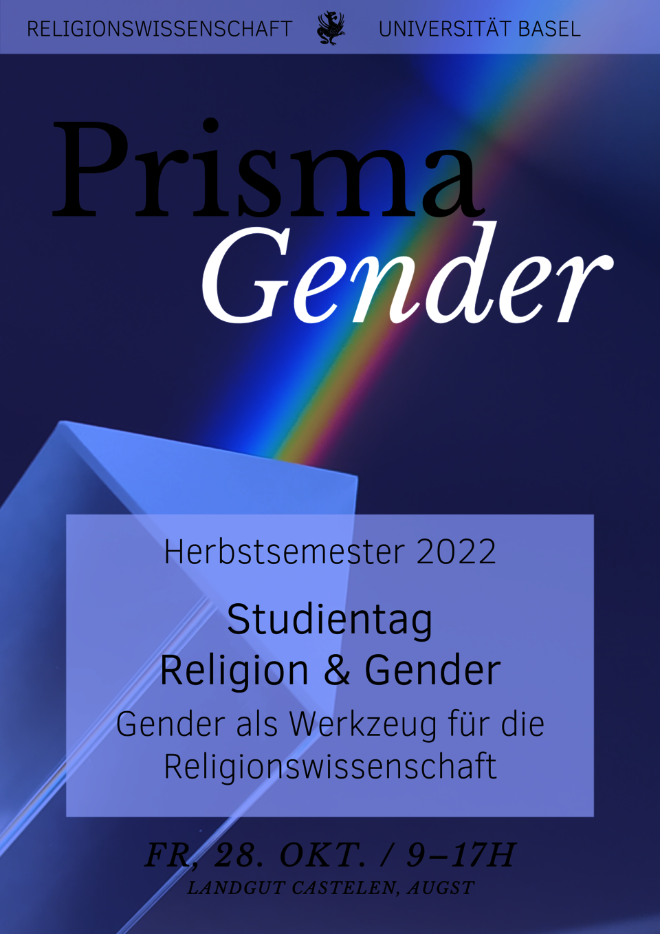 Flyer "Studientag Religion und Gender" Titel vor einem violetten Hintergrund mit einem Prisma, in welchem sich ein Lichtstrahl bricht in einen Regenbogen.