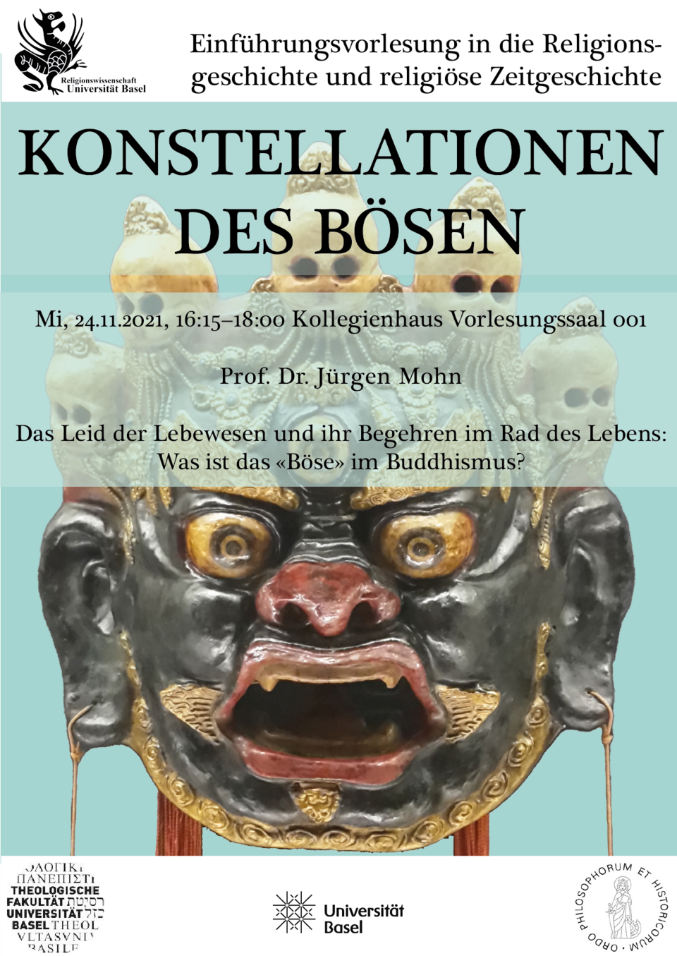 Flyer für den Vortrag. Hinter dem Text eine Fratze (eine tibetische Maske) vor mint Hintergrund