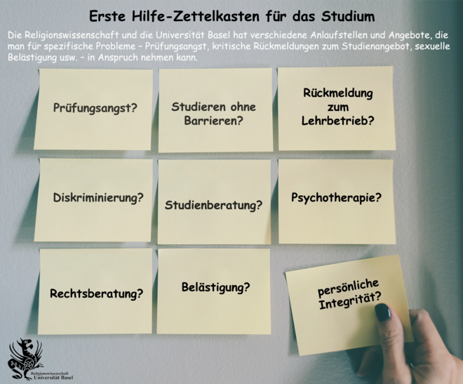 The picture shows 9 Post-It cards on which keywords are written, such as "Test anxiety?", "Discrimination?", "Psychotherapy?", "Legal advice?". One hand pulls a piece of paper from the wall, on which "Personal integrity?" is written.