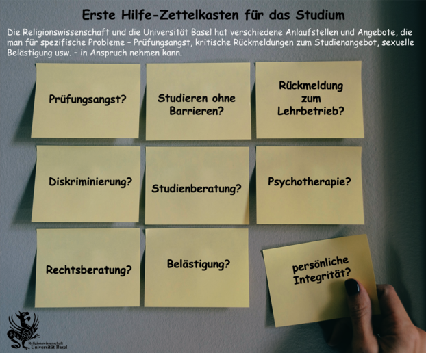 Das Bild zeigt 9 Post-It Kärtchen, auf denen Stichworte stehen, wie "Prüfungsangst?", "Diskriminierung?", "Psychotherapie?", "Rechtsberatung?". Eine Hand zieht einen Zettel von der Wand, auf welchem "Persönliche Integrität?" geschrieben ist.