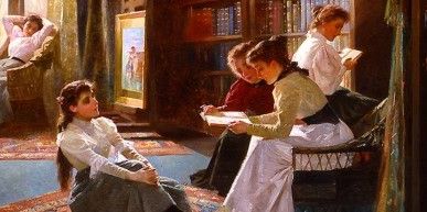 Ausschnitt aus Rossis Bild Verbotene Bücher (1897) zeigt junge Frauen in einer Bibliothek