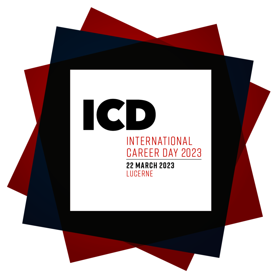 Logo für den ICD 2023: mehrere übereinanderliegende rote und blaue Quadrate. In der Mitte ein weisses Quadrat mit dem Text "ICD. International Career Day 2023, 22. March 2023. Lucerne'