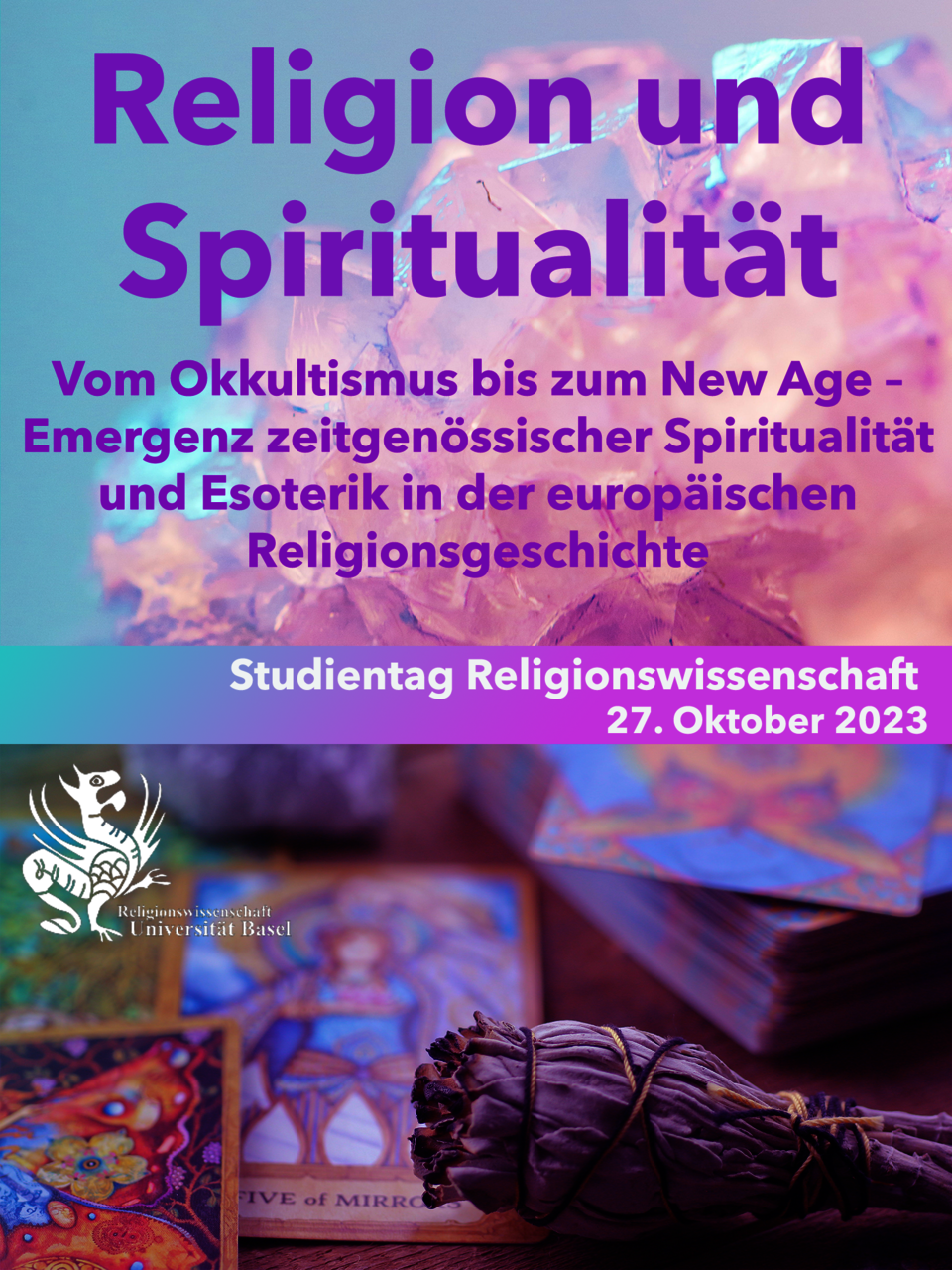 Flyer für den Studientag HS23 "Spiritualität": im Hintergrund in blauen und lila Farbtönen ein Kristall, Tarotkarten und Räucherwerk