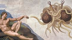 Spaghettimonster in der Schöpfungsszene aus der sixtinischen Kapelle