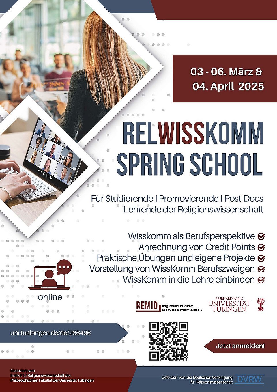 Poster für die Spring School: Bilder von Leuten in Bibliotheken oder Büros, viel Text zu den Inhalten und den Daten der Veranstaltung (diese Informationen sind auch in im Text)