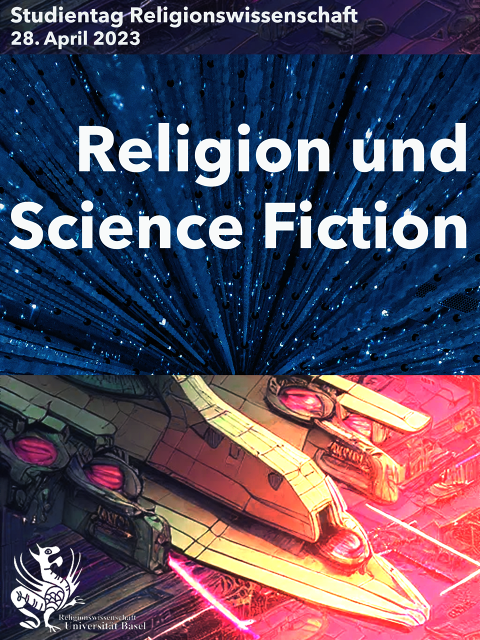 Flyer für den Studientag "Religion und Science Fiction". Es sind Ausschnitte zu sehen, welche Maschinen und Raumschiffe zeigen. 