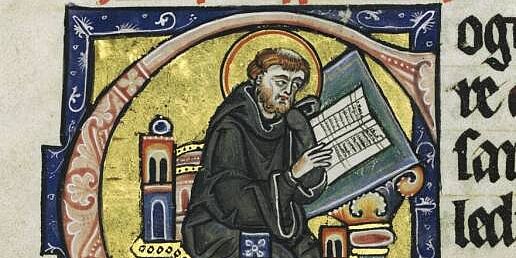 ein lesender Mönch in einer illuminierten Majuskel (aus der Hamburger Bibel 1255)