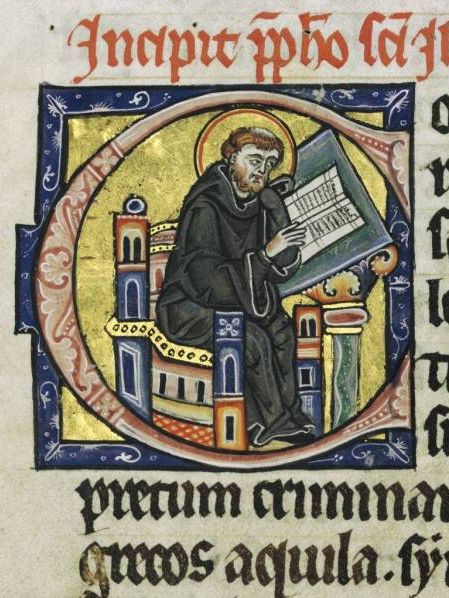 Illustrierte Initiale C aus Hamburgerbibel 1255 zeigt einen lesenden Mönch