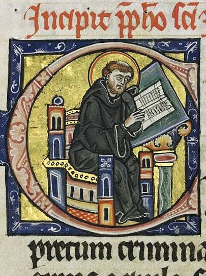 ein lesender Mönch in einer illuminierten Majuskel (aus der Hamburger Bibel 1255)