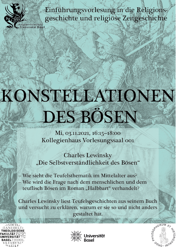 Flyer zur Veranstaltung: Auschnitt aus Albrecht Dürers "Ritter und Tod" in Mint-Farbe.