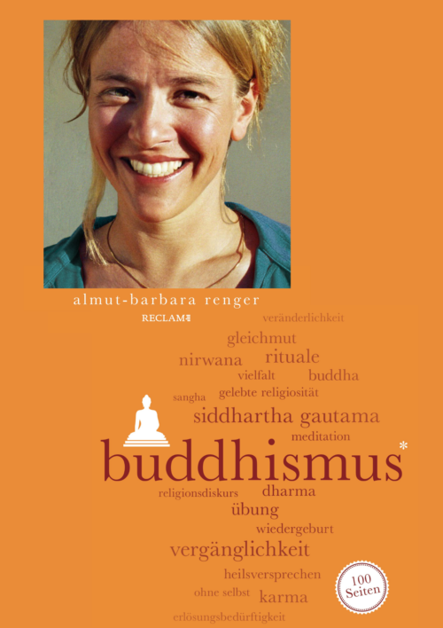 Bild: Portrait von Frau Renger vor orangem Hintergrund mit Wort-Wolke zun Thema Buddhismus 