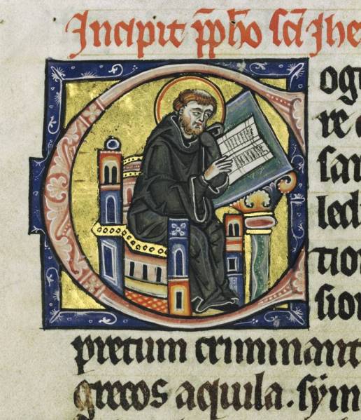 ein lesender Mönch in einer illuminierten Majuskel (aus der Hamburger Bibel 1255)