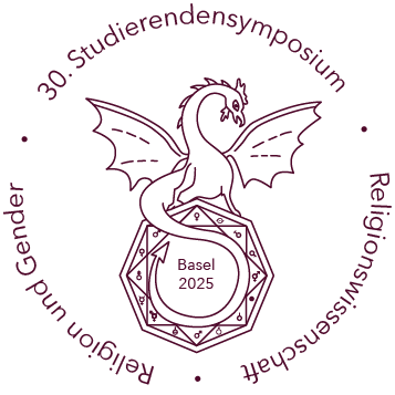 Logo des Symposium: ein Basilisk sitzt auf einer Sigille, rundherum Text "30. Studierendensymposium - Religionswissenschaft - Religion und Gender"